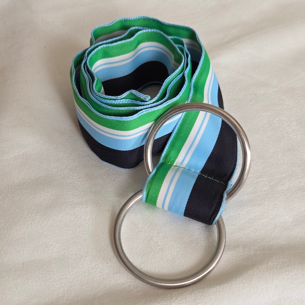 J.Crew Striped D-Ring Belt S/M Blue Green Grosgrain Ribbon Preppy Nautical